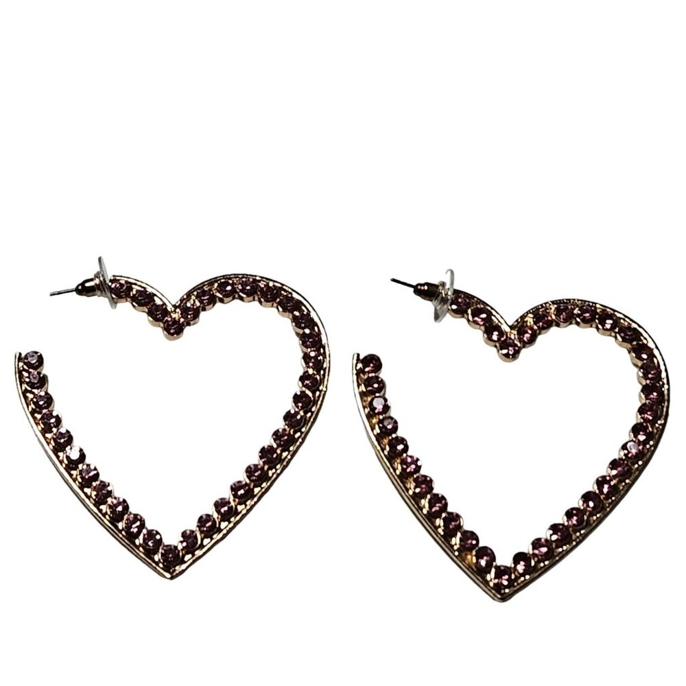 Elegant Heart Shaped Drop Earrings Pink Rhinestone Gold Tone Fashion Jewelry